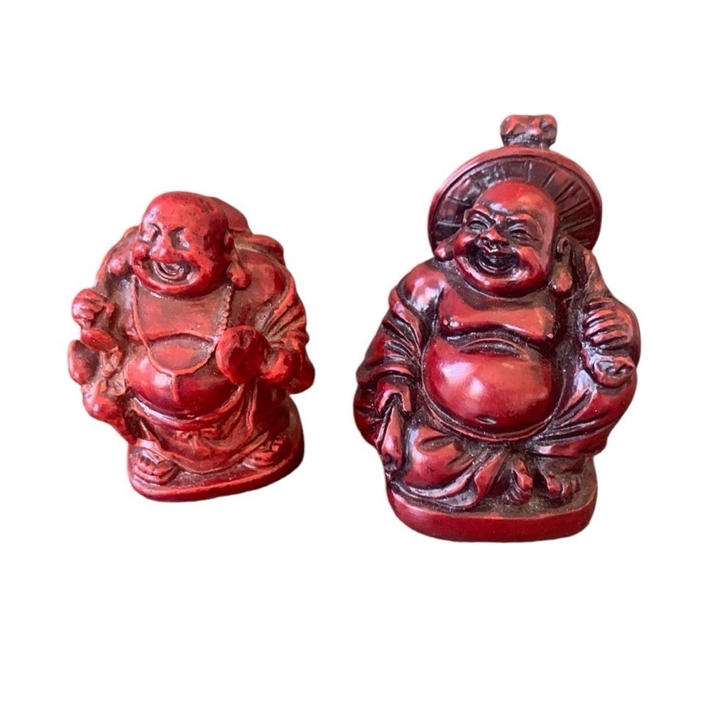 Happy Fat Buddha Red Resin Statue Set (2)‎